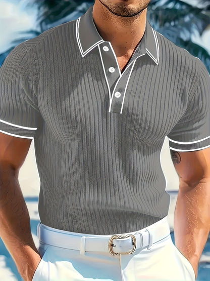 Men's Short Sleeve Shirt - Textured Striped Collar, Solid Color, Regular Fit, Machine Washable, Versatile for Business Casual & Formal Occasions - ayq