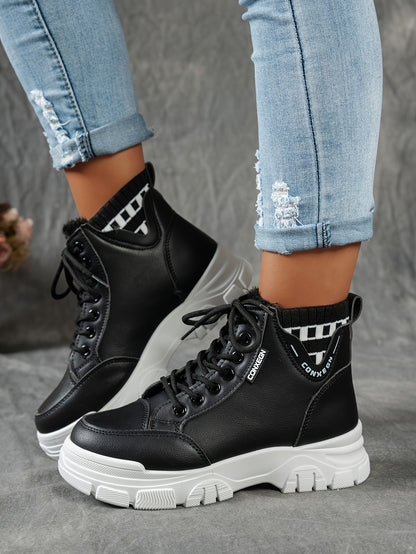 gfhfgjjfg Women's Casual High-Top Platform Ankle Boots with Lace-Up Closure, Thick Rubber Sole & Faux Cover Upper - Winter Warm Round Toe Boots for Casual Attire (Black/White/Beige), Comfortable Footwear, Durable Traction Foo