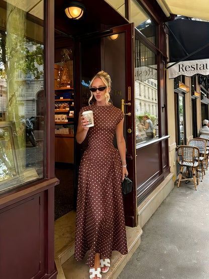 Women's Elegant Polka Dot Maxi Dress with Waist Cinch