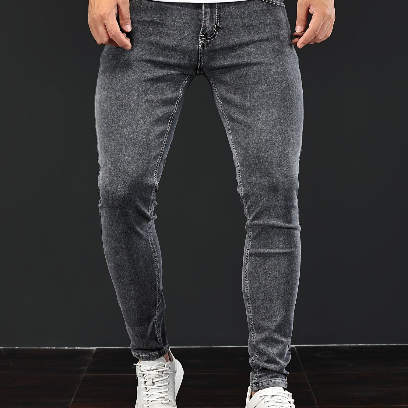 Slim Fit Chic Jeans, Men's Casual Street Style All Match Stretch Denim Pants With Pockets