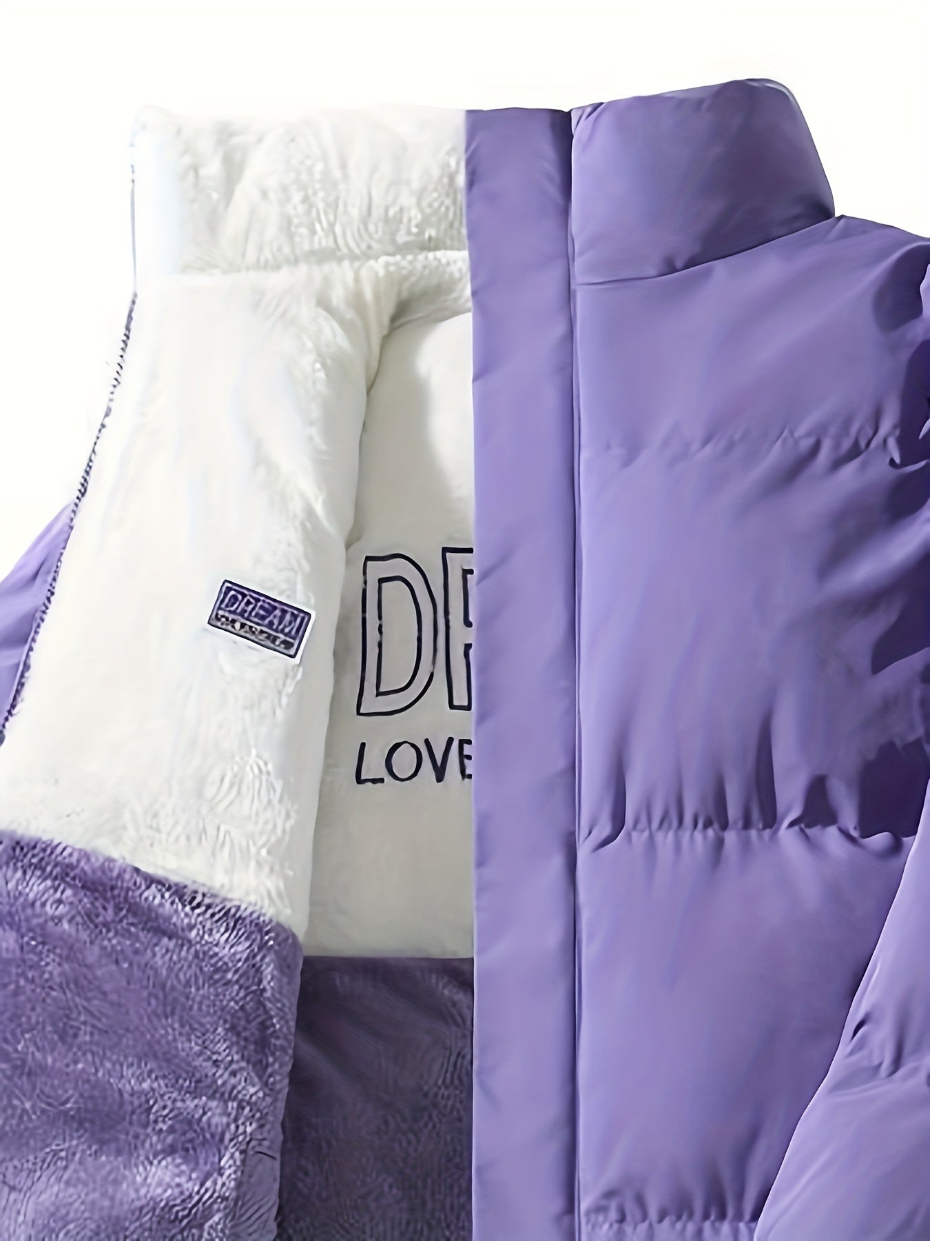 Տղամարդու երկկողմանի բրդյա ծածկույթով հաստ բաճկոն՝ առօրյա կանգնած օձիքով՝ տառերի տպագրությամբ, սովորական չափսերով, գրպաններով, պոլիեսթերային լցոնով, բազմակողմանի աշուն/ձմեռ համար, ձմեռային բաճկոն