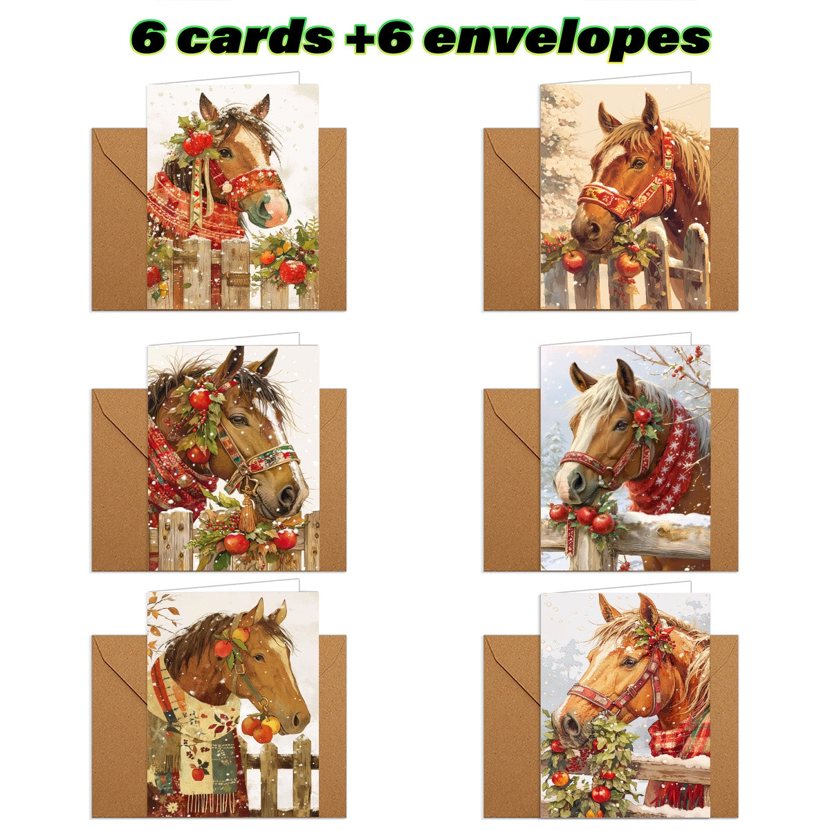 1set/12pcs/24pcs Christmas Horse Pattern Greeting Cards with Envelopes, Folded 9*13cm, 3.54*5.11in; Unfold 18*13cm 7.08*5.11in, 9 Sheets per Set, Christmas Cards With Envelopes, Funny Christmas Cards, Cards For All Occasions