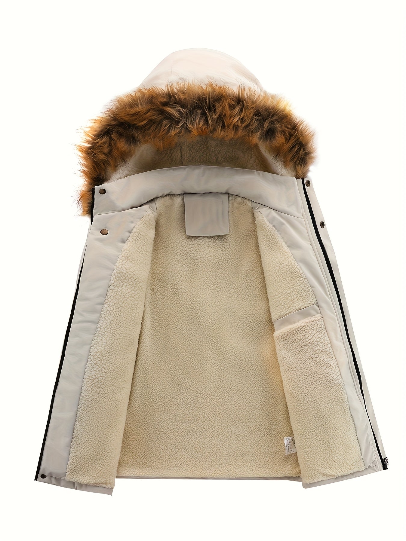 Men'S Heavy-Duty Winter Jacket with Fur-like Hood Collar - Thermal Insulated Cold Weather Coat, Full-Zip Front, Zippered Pockets - Beige/ for Everyday & Formal Outfits - Non-Stretch Outer Shell, Outdoor Outerwear, Casual Styl