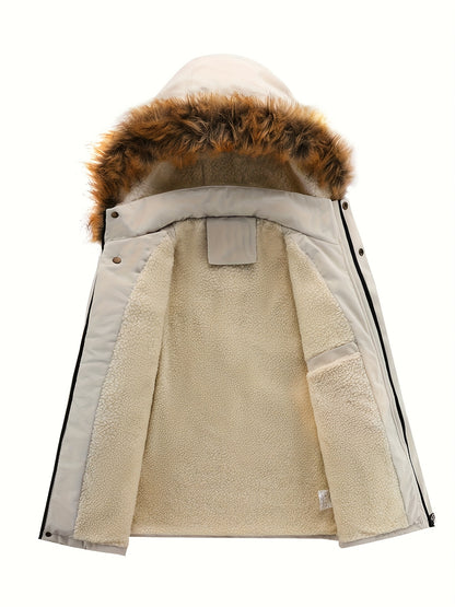 Men'S Heavy-Duty Winter Jacket with Fur-like Hood Collar - Thermal Insulated Cold Weather Coat, Full-Zip Front, Zippered Pockets - Beige/ for Everyday & Formal Outfits - Non-Stretch Outer Shell, Outdoor Outerwear, Casual Styl