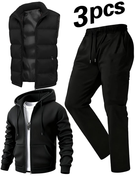 Men's Casual 3-Piece Polyester Sportswear Set with Hoodie