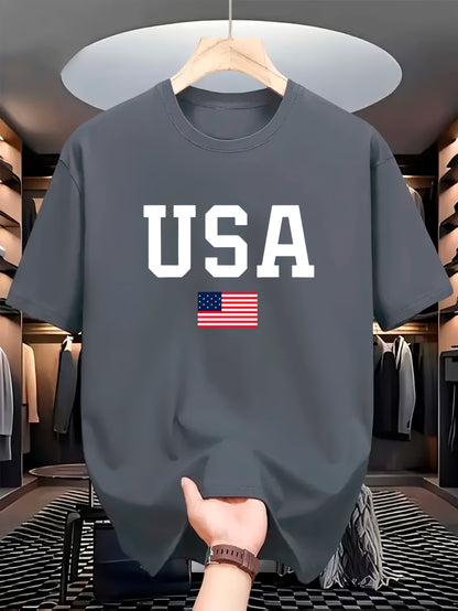 USA Flag Print Crew պարանոցի վերնաշապիկ, սովորական պոլիեսթեր տրիկոտաժե թիկնոց, թեթև ձգվող, այբուբենի ձևանմուշ, տրիկոտաժե դետալ, տղամարդկանց համար, ամառային կարճաթև շապիկ
