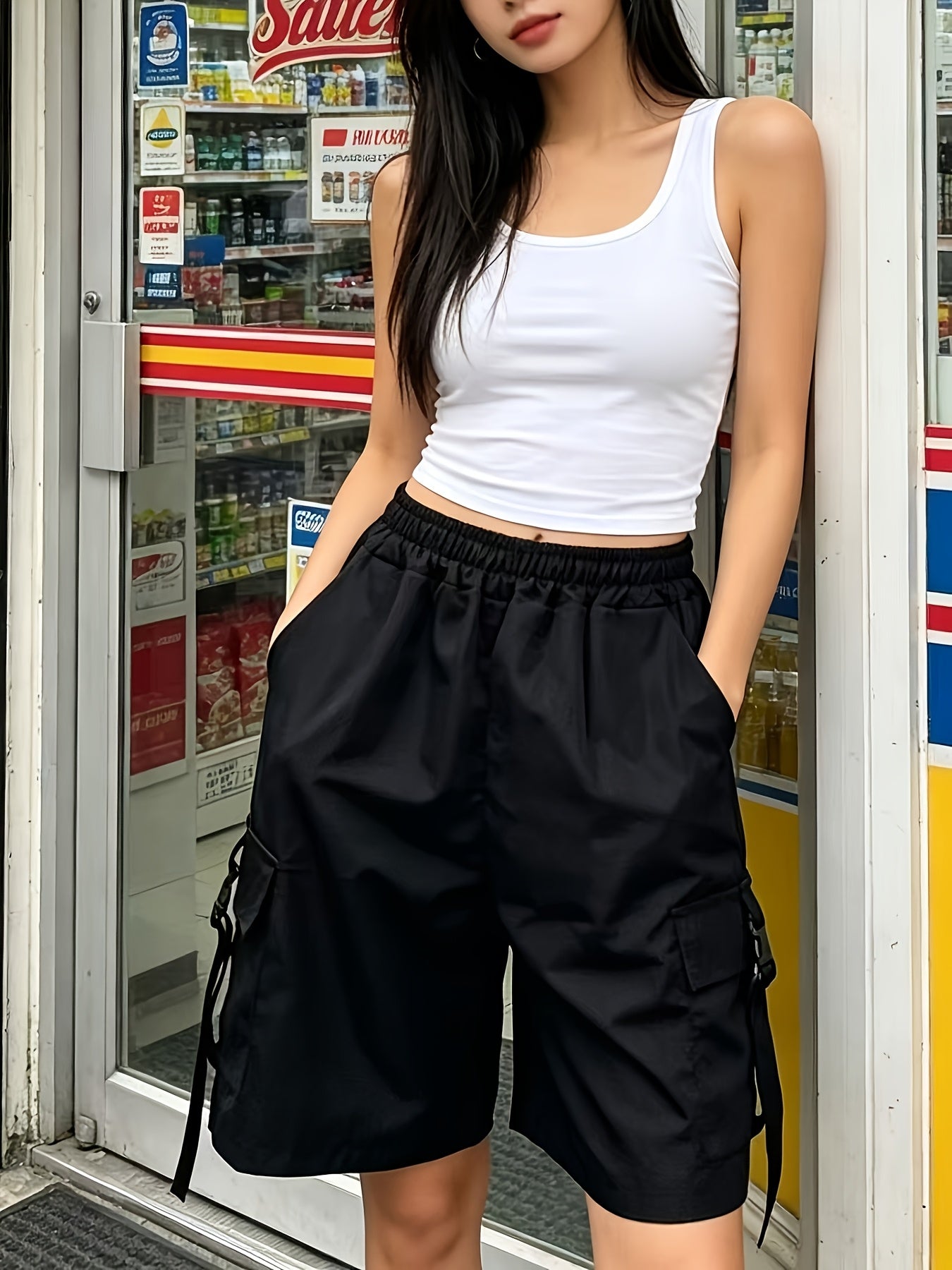 Women’s Summer High-Waisted Black Overalls Casual Shorts