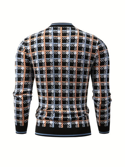 Men's Fashion Geometric Jacquard Plaid Knit Pullover