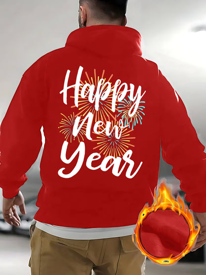 Men's New Year's Eve Fireworks Print Hooded Sweatshirt - Happy New Year Back Design with Adjustable Drawstring Hood, Loose Fit Streetwear Pullover, Warm Winter Casual Sweater for Parties & Casual Attire (Machine Washable), Re