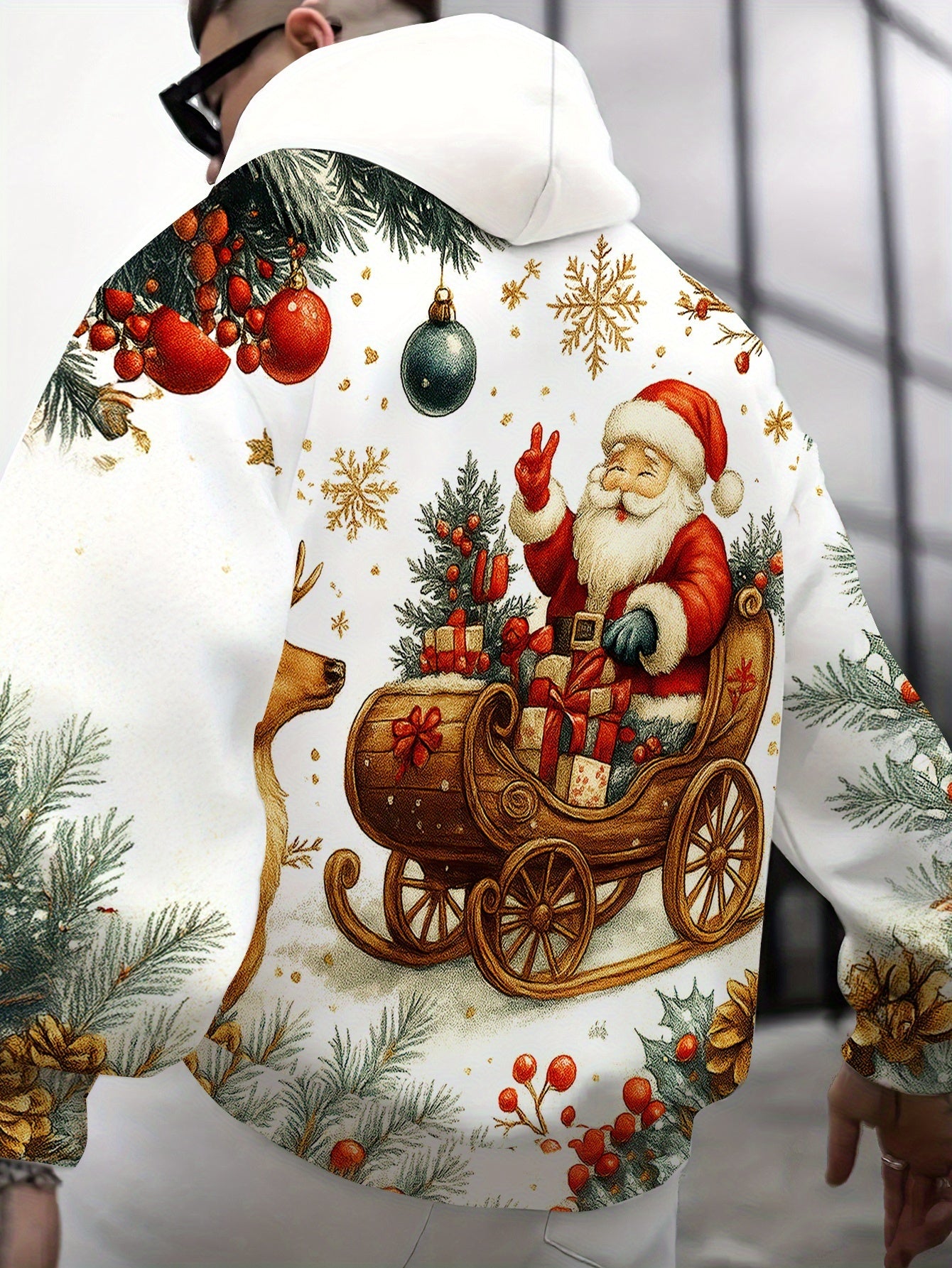 Men'S Plus Size 3D High-Definition Christmas Hooded Sweatshirt - Santa Claus & Reindeer Print, Loose Fit Winter Warmth, All-Season Casual Pullover with Pockets, Christmas Sweatshirt, Festive Clothing, Holiday Apparel, Holiday