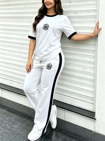 Women's Casual Color-Block Print Short Sleeve Top & Pants Set