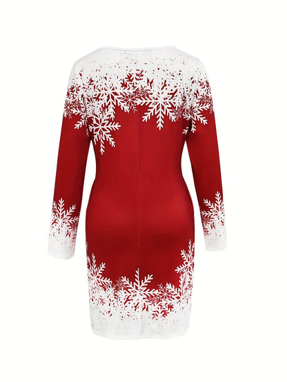 Women's Elegant Short-Sleeve Christmas Snowman Print Dress - Red & White Winter Party Dress with Snowflake Pattern, Round Neck A-Line Silhouette, Machine Washable Holiday Outfit for Xmas, New Year's & Seasonal Events (s)