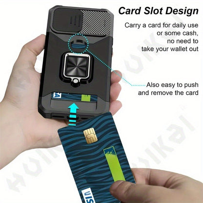 Retro PVC Phone Case with Sliding Camera Slot and Ring Stand