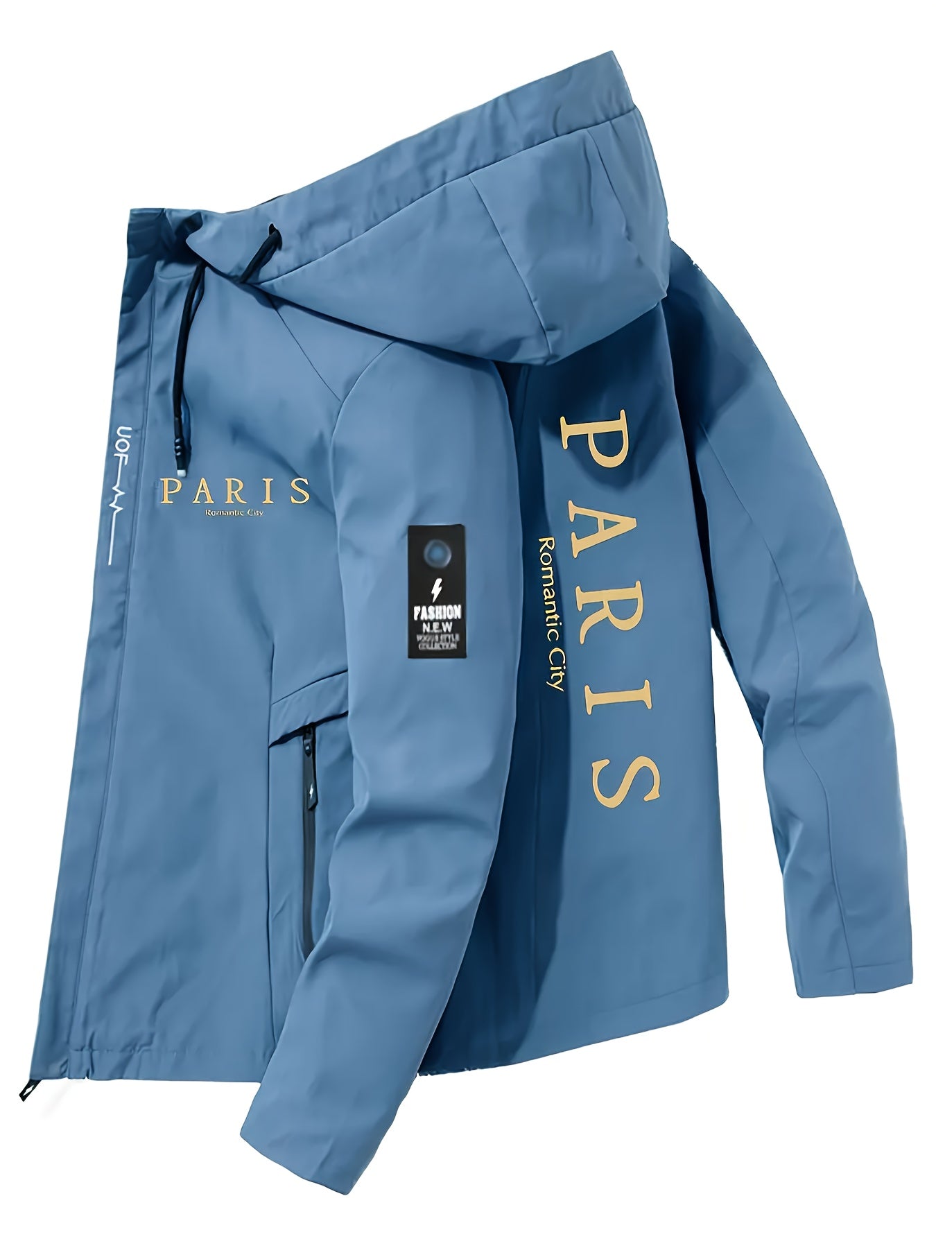 Men's Heavy-Duty Winter Hooded Jacket with Paris Print & French Label-Like Pocket - Full-Zip Full-Length Coat, Slim-Fit Casual Outerwear (Machine Washable) - Blue/Golden for Business & Everyday Use (), Mens Clothes, Workwear