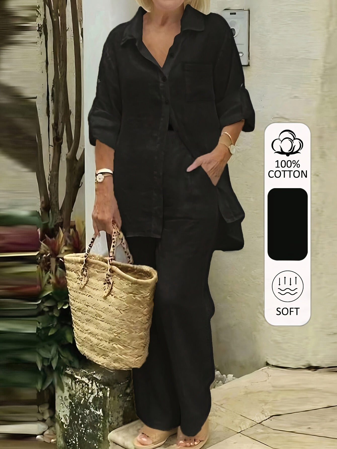 Women’s Casual Cotton Long-Sleeve Top & Wide-Leg Trousers Set