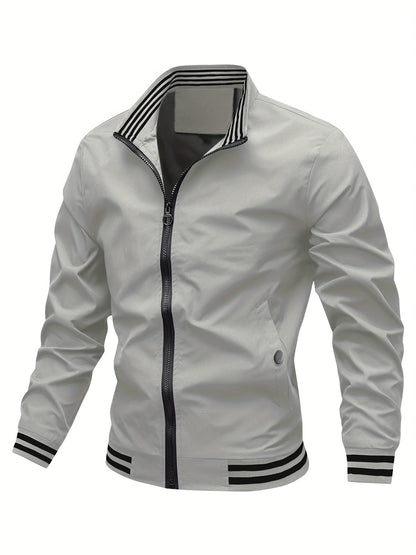Men's Stand Collar Long Sleeve Zip Up Sports Jacket With Contrast Trim Design, Men's Spring Fall Outwear, As Gifts