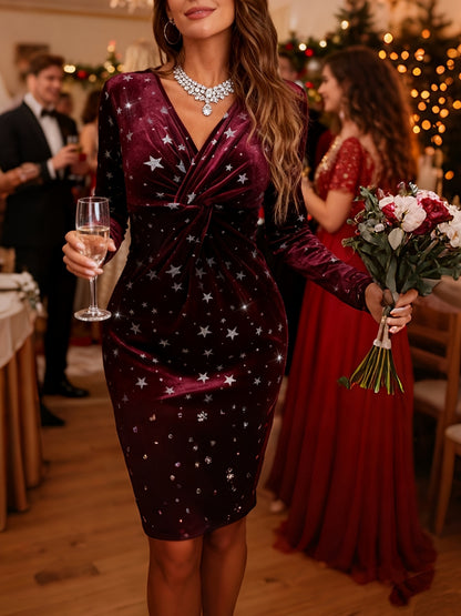 Աշնանային ձմեռային նորաձև թավշյա արծաթափայլ աստղաձև ոլորուն հանգույցով երկար թևքերով արձակուրդային էլեգանտ V-ձև զգեստ, էլեգանտ երեկոյան զգեստ, տոնական առիթի զգեստ, ոճային հանգույցի դետալ, պրեմիում նյութ, բարձրորակ կար, ծնկներից մինչև զգեստ, մարմնագույն