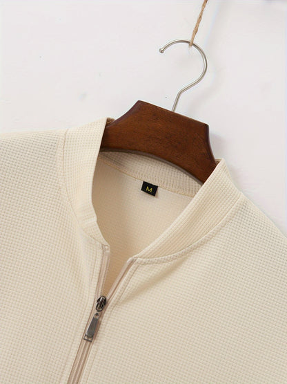 Men's Lightweight Jacket with Stand-Up Collar - Zippered Front Closure, Regular Fit Casual Coat for Everyday & Formal Wear - Spring/Fall Outerwear in White/Neutral Tones - Easy Care Zipper Jacket