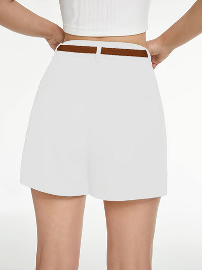 [Everyday Versatility] Women's High-Waist Casual Shorts - Loose Fit, Versatile Summer Style, Solid White, Polyester Fabric, Perfect for Casual Attire, High Waisted Shorts