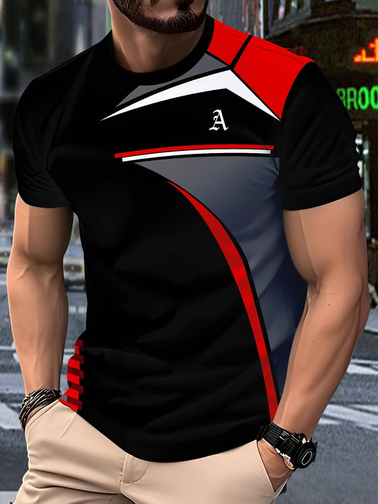 Men's Black 3D Geometric Print T-Shirt – Casual Short Sleeve Summer Tee with Red  Gray Accents, Round Neck, Machine Washable for Outdoor Sports, Everyday Comfort, Durable Fabric