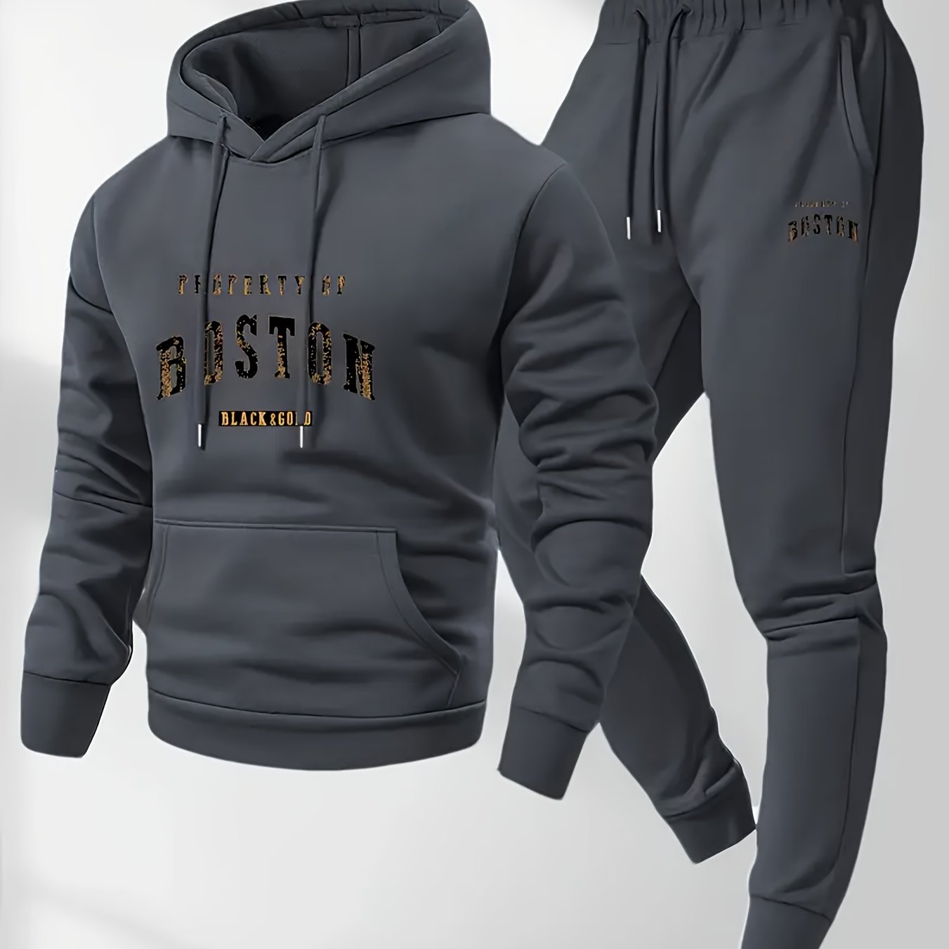 Men'S Boston Print Hoodie And Sweatpants Set - Casual Long Sleeve, Slight Stretch Fabric, Pockets, Suitable for Autumn And Winter, Sportswear, Casual Attire | Hoodie | Sport Pants with Pockets, Everyday Wear