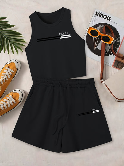 Women's Casual Two-Piece Set | Sleeveless Vest & Drawstring Shorts