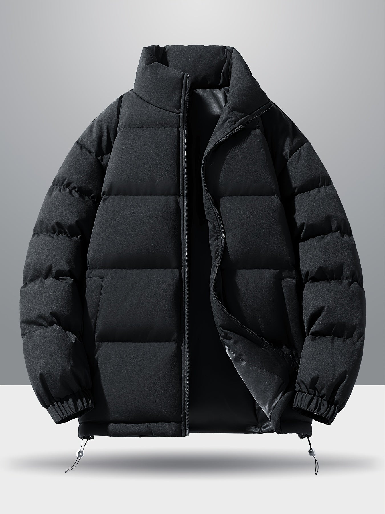 Men'S 2025 New Casual Jacket - Black, Stand Collar, Zip-Up, Long Sleeve, Polyester Filled, Winter Coat with Adjustable Drawstring Hood