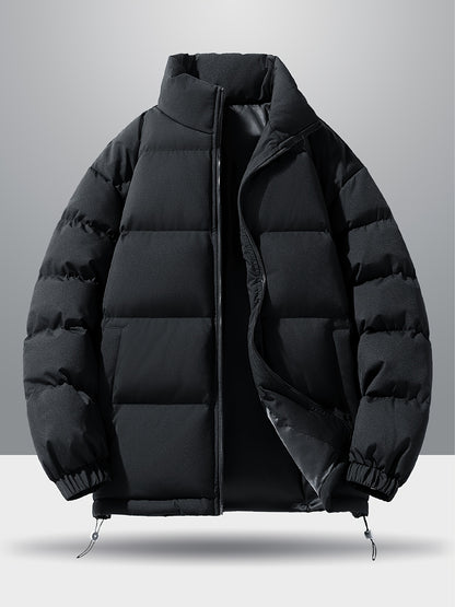 Men'S 2025 New Casual Jacket - Black, Stand Collar, Zip-Up, Long Sleeve, Polyester Filled, Winter Coat with Adjustable Drawstring Hood