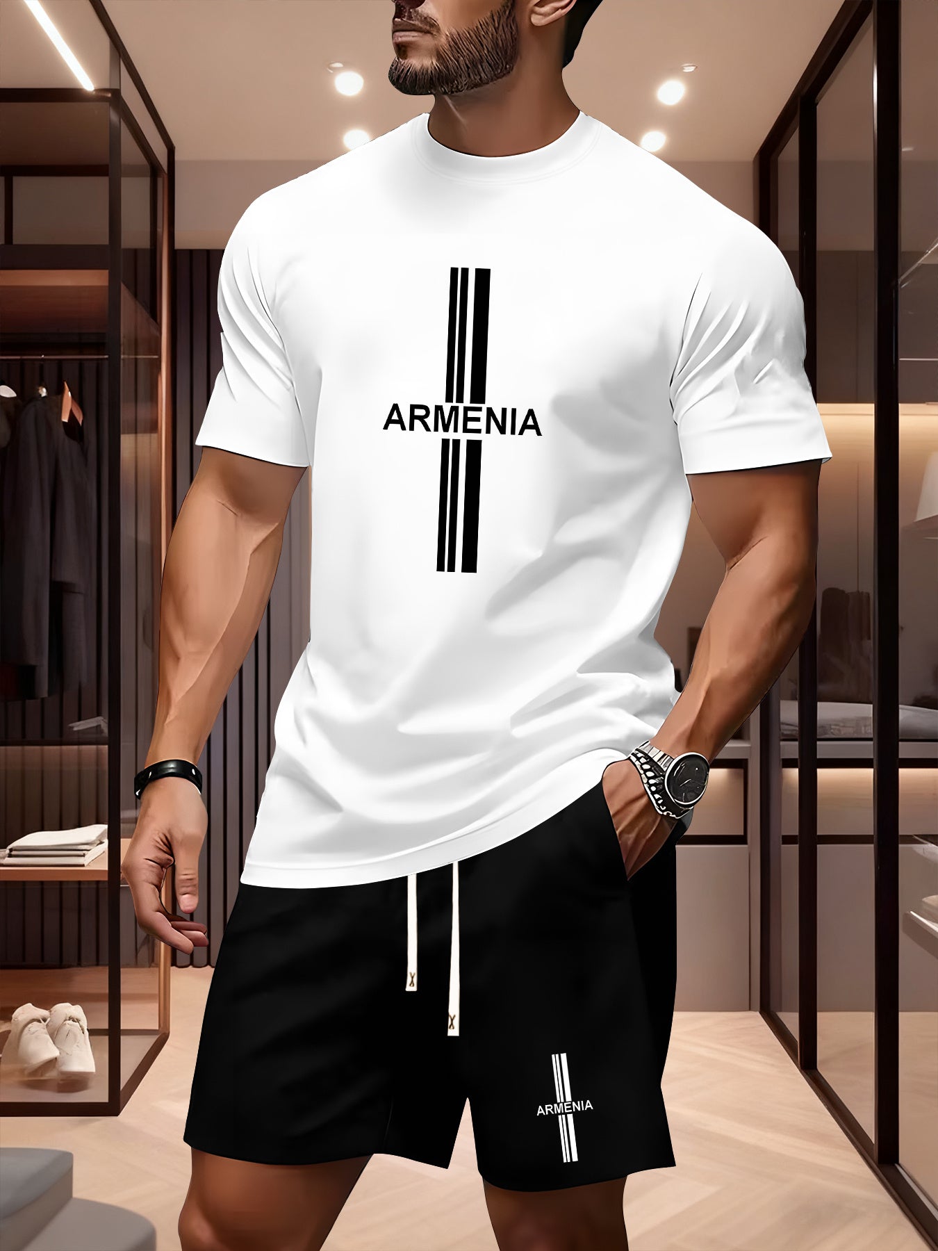 Men's Summer Casual Sport Set with White Striped Design