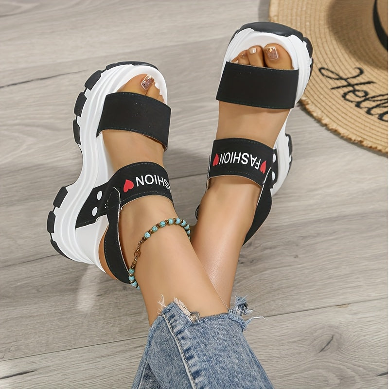 Women's Platform Wedge Sandals with Thick Sole  Ankle Strap Metal Buckle - Open Toe Summer Casual Shoes, White  Black Faux Cover, Cushioned Insole for All-Day Comfort