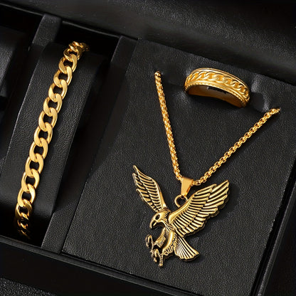 3 հատ «Արծվի գլուխ» կախազարդով ոսկեգույն արծաթափայլ վզնոցի հավաքածու, հաստ շղթա + մատանի 3 հատ հավաքածու, տղամարդկանց թեթև շքեղ նվեր