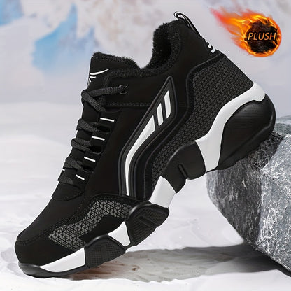 HIDEDUGO-ի ծանրքաշային ձմեռային կոշիկներ-սնիկերներ - Տաք միջին բարձրությամբ կոշիկներ, ամենագնացքային TPR ներբան, կապերով արտաքին կոշիկներ սառույցի և ձյան համար, մեծ չափսեր (սև/սպիտակ) - Ցուրտ եղանակի համար ամենօրյա և սպորտային կոշիկներ