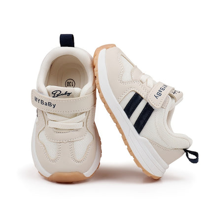 [1pc Unisex Toddler Sports Sneakers] Toddler Sports Sneakers, Unisex Preppy Casual Running Shoes, Striped Low Top Fabric & PU Upper, Breathable Mesh, Soft TPR Sole, with Adjustable Strap Closure, for Spring/Summer, All-Season