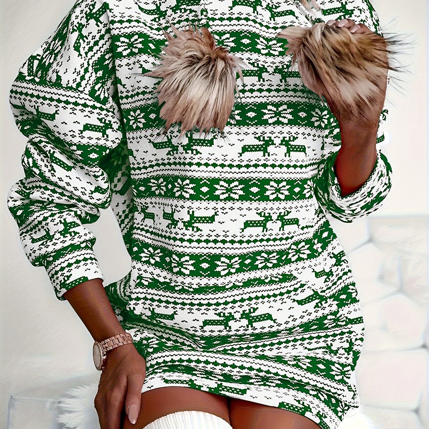 Women'S Christmas Deer & Snowflake Print Hooded Sweater Dress - Long Sleeve Winter Warmth, Red & Holiday Party Outfit with Pompom Sleeves