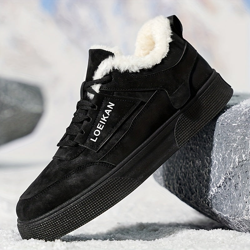 LOEIKAN Men'S Thickened Winter Sneakers - Heavy-Duty Cold Weather Shoes with faux fur Lining, Non-Slip PVC Sole - All-Season Low-Top Lace-Up Shoes for Hiking, Gym, Casual - Black/gray/white - Ideal For Men'S Outdoor & Daily W