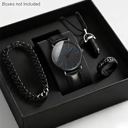 Men'S Luxury Quartz Wristwatch and Jewelry Set | Black Analog Watch with Dual Display, Includes Matching Bracelet, Necklace, and Ring - Ideal for Birthdays, Christmas, Ramadan