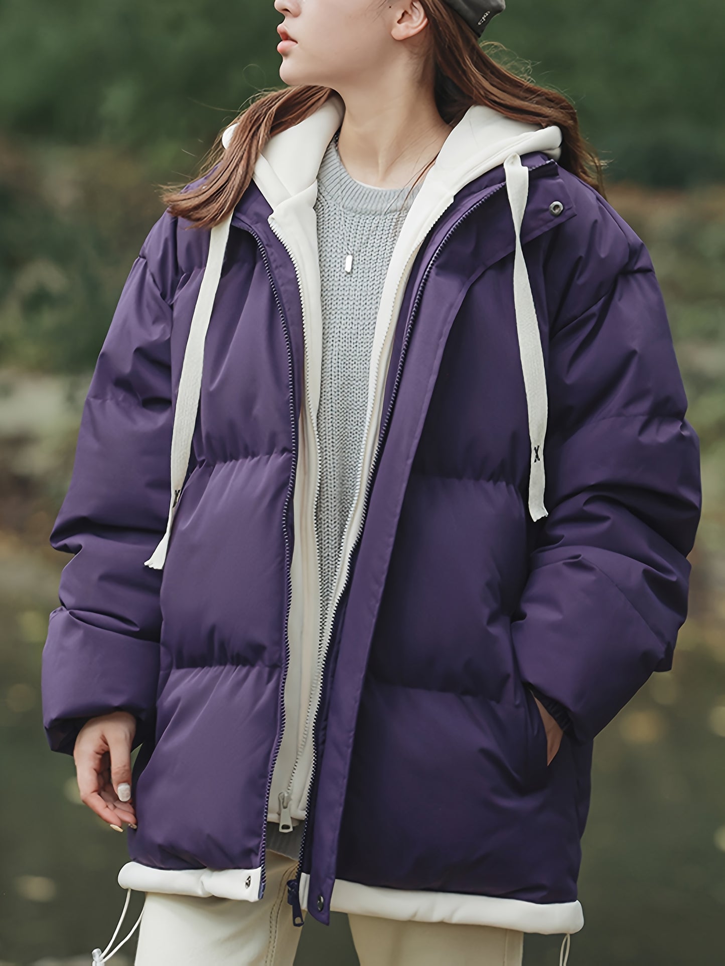 Կանացի բաց կապույտ, գլխարկով փքված բաճկոն - հարմարավետ, բրդյա ծածկույթով ձմեռային վերարկու՝ լարերով, առօրյա ոճ՝ ցուրտ եղանակի համար, ձմեռային վերարկու