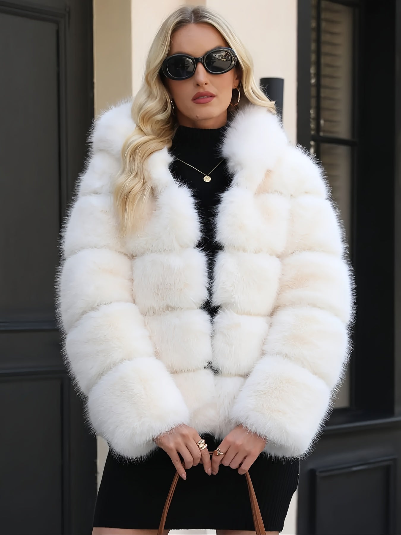 Women's Elegant White faux fur coat - Luxury Winter Outerwear with Single-Button Closure, Machine Washable Cold-Weather Jacket for Evening Events, Parties & Everyday - Chic Winter Coat for Women (Solid Color, O-Line Silhouett