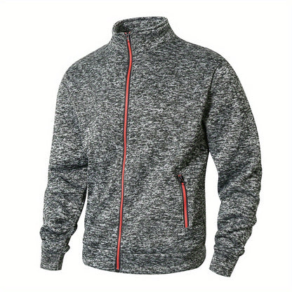 Men's Stand Collar Jacket - Full-Zip Casual Athletic Coat, Light Grey with Lime Accents, Zippered Front Closure for Gym, Office, Everyday - Machine Washable Outerwear, Gym Wear, Sporty Design, Smooth Texture, Lightweight Coat