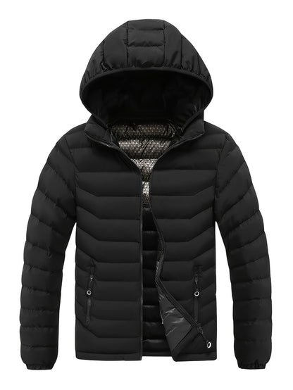 Men'S Winter Jacket with Detachable Hood - Black & Green Color Block, Zip-Up Casual Coat, Long Sleeve, Polyester Lining, Pockets, Regular Fit for Fall/Winter Outdoor Wear, Winter Coat, Fall Outerwear, Trendy Winter Jacket, Du