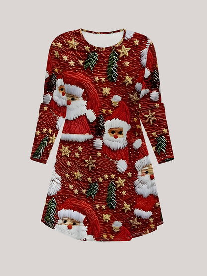 Մեծ չափս - Մեծ չափս - Մեծ չափս - Մեծ չափս, կանացի մեծ չափսի Սուրբ Ծննդյան նախշերով երկար թևքերով զգեստ - Ձմեռային հարմարավետ տոնական հանդերձանք՝ Ձմեռ պապի և եղջերուի դիզայնով