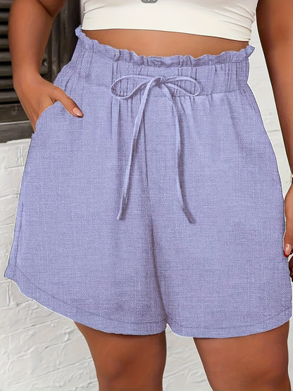 Relaxed Style| Women's Light Blue Faux Denim Casual Shorts - High-Waisted, Loose Fit with Drawstring, Summer Wash-Free Polyester Shorts for Everyday Comfort, Summer Casual Wear|Drawstring Shorts|No Stretch Fabric, High Waiste