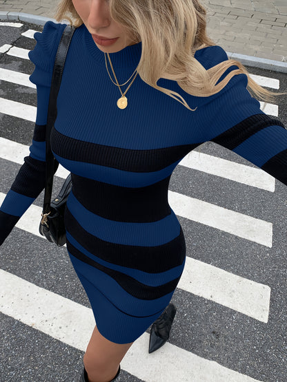 Էլեգանտ ձմեռային կարճ զգեստ Poinçon d'Asymétrie-ով, ասիմետրիկ շերտավոր թևքերով - բարձր վզնոցով H-գծի կերպարը գրկող զգեստ, մինչև ծնկները երկարությամբ կարճ տաբատ՝ աշնանային/ձմեռային երեկույթների, հարսանիքների և հատուկ առիթների համար (ոչ)