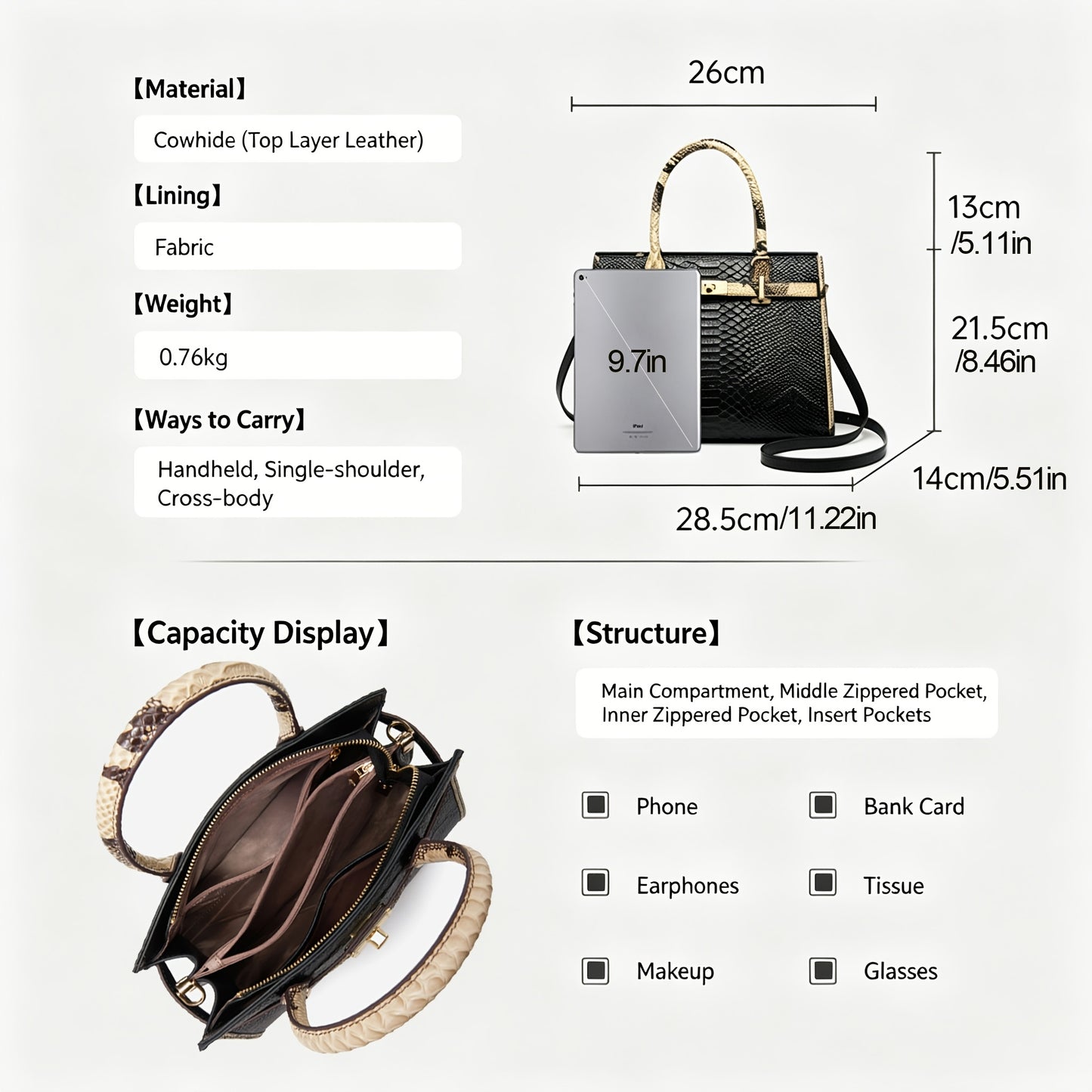 Women's Genuine Leather Snake Print Crossbody Bag - Elegant Tote