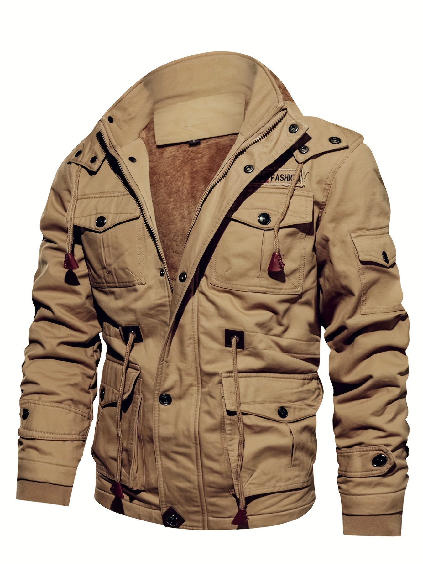 Տղամարդու ծանր ձմեռային բաճկոն՝ ջերմամեկուսացված ցուրտ եղանակի համար՝ ամբողջական կայծակաճարմանդով, գլխարկով, քամուց պաշտպանող վերնազգեստ, բազմաթիվ գրպաններ՝ ձիթապտղի կանաչ։ Տակտիկական դիզայն՝ բացօթյա, ճանապարհորդության, ամենօրյա օգտագործման համար։ Չձգվող։