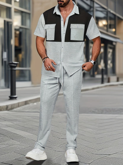 Men's Summer Two-Piece Set, Waffle Fabric Contrast Color with Pockets Short-Sleeved Shirt + Casual Trousers Suit, Leisure Light Business Vacation Daily Multiple Scenes