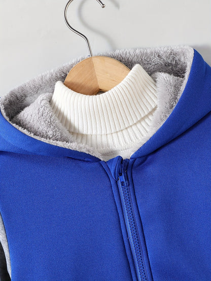 1pc Boys Stylish Color Block Fleece Lining Hooded Jacket, Long Sleeve Zip Up Jacket, Kids Clothes Outdoor