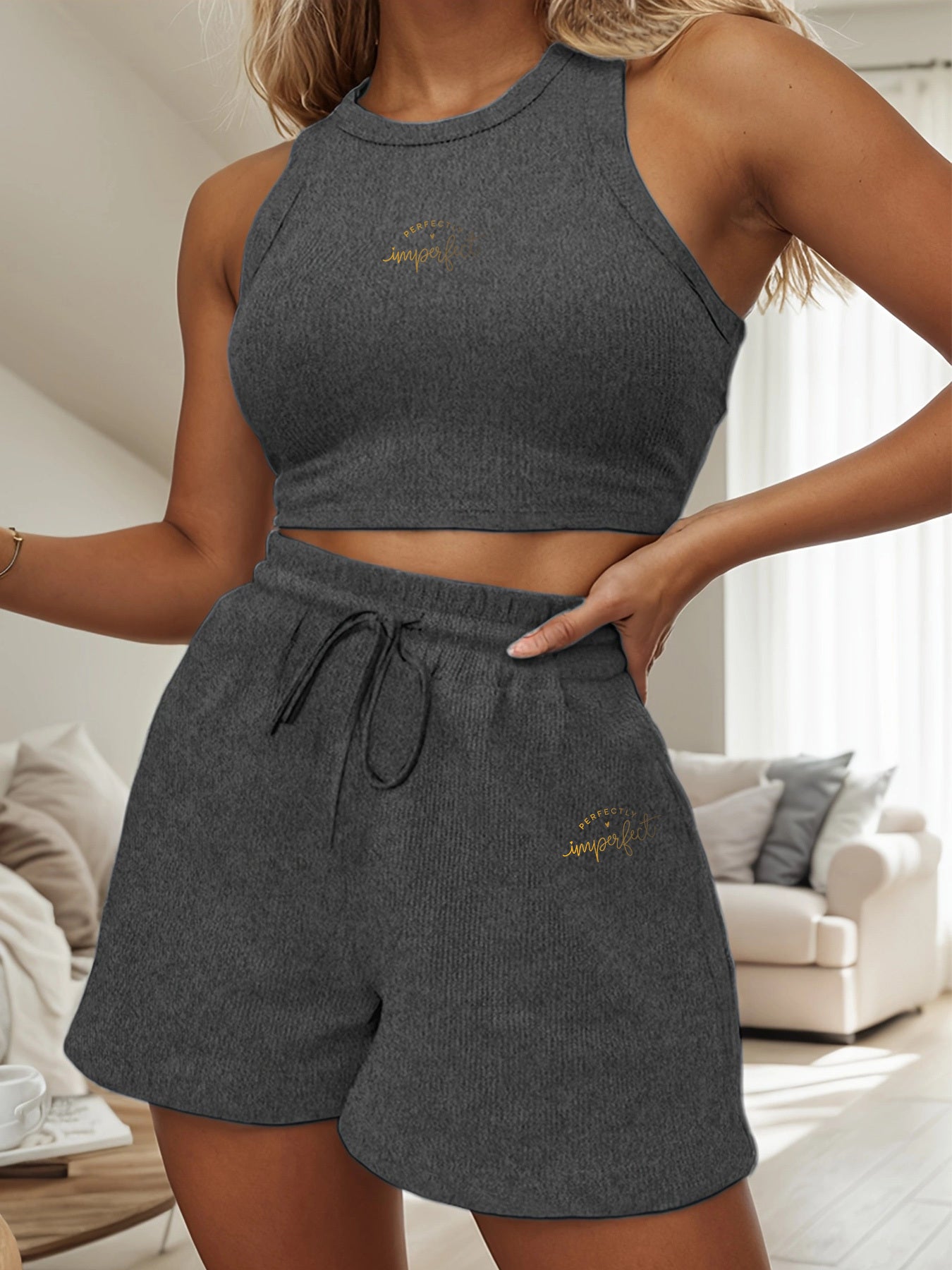 Women's Casual Two-Piece Set with English Print, Short Sleeve & Wide L