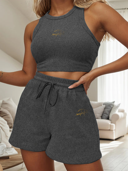Women's Casual Two-Piece Set with English Print, Short Sleeve & Wide L
