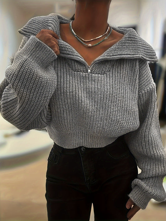 Autumn and Winter Half-Zip Short Fashion Lantern Sleeve Pullover Sweater to Show Your Figure and Versatile